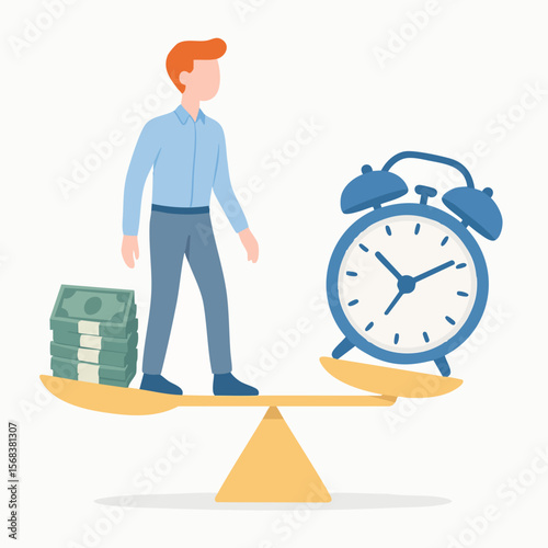 Flat Design Man Balancing Money and Clock on a Seesaw Illustration