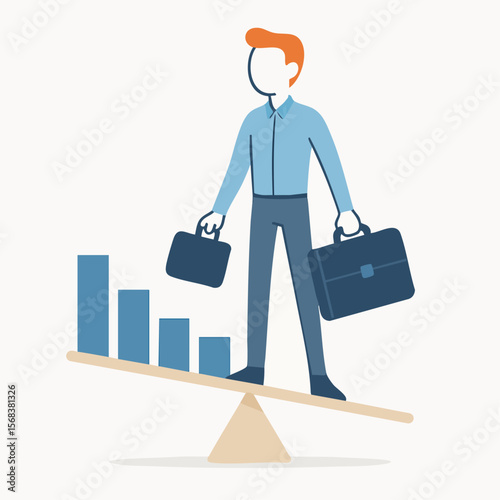Flat Illustration Man with Briefcase Balancing on Seesaw with Graph Decline