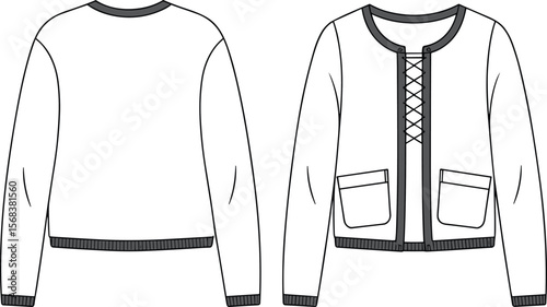 Women’s casual lace-up front jacket with patch pockets – technical flat sketch for fashion design, featuring contrast trims and ribbed cuffs and waistband