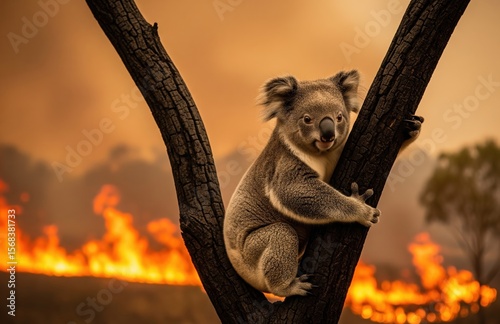Wild koala clutches smoking tree trunk as fire consumes dry land behind, symbolizing climate-driven loss of habitat and desperate survival