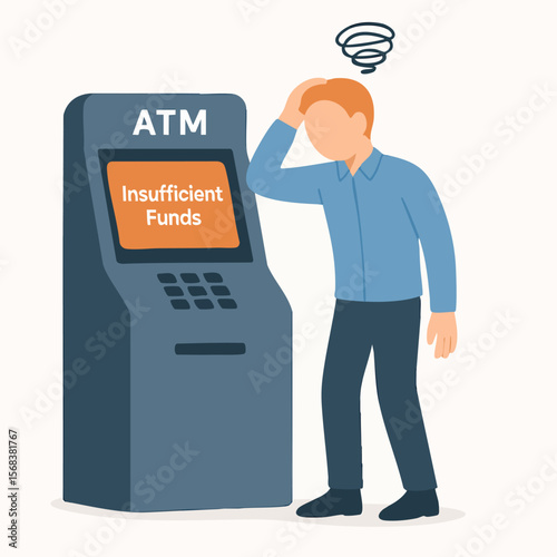 Flat Illustration Unhappy Man Experiencing Insufficient Funds at ATM Machine