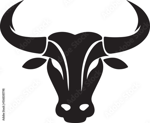 Black bull head with curved horns white
