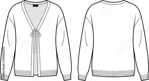 Women’s relaxed fit cardigan with front bow tie, ribbed hem and cuffs, V-neck long sleeves, fashion flat sketch for apparel design and garment CAD