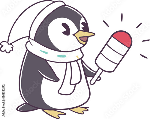 Funny cartoon penguins enjoying ice cream and ice skating in the winter snow                                                                                                                            