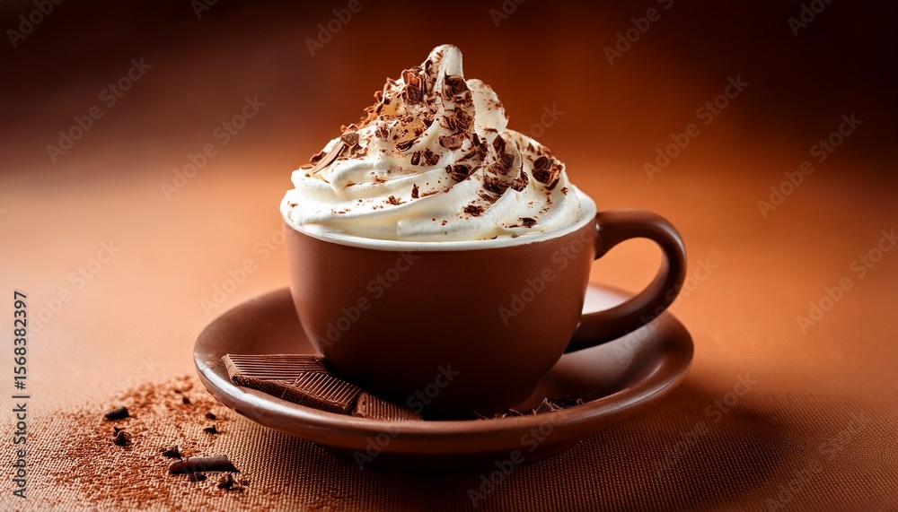 delicious coffee topped with whipped cream and chocolate shavings on a warm brown background delicious coffee topped with whipped cream and chocolate shavings on a warm brown background