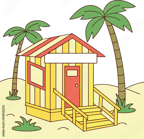 Tropical beach house with palm trees by the ocean