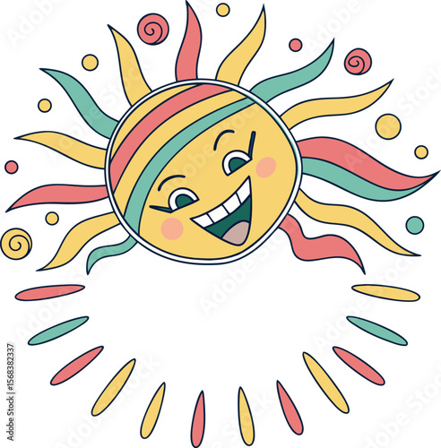 A vibrant yellow cartoon sun with a joyful smile and rosy cheeks, surrounded by a playful rainbow and soft clouds, captures the essence of summer fun for a child