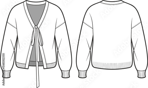 Women’s cropped cardigan with front tie bow, ribbed cuffs and hem, V-neck long sleeves, fashion flat sketch front and back for apparel design template