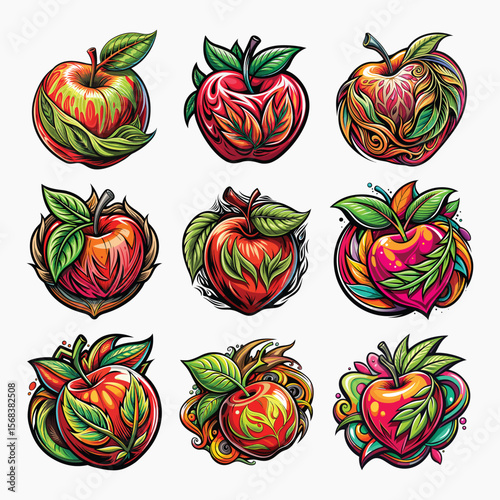 Abstract Apple Art Vector Pack – Decorative Fruit Designs with Leaves, Swirls, and Bold Colors for Tattoos, Stickers