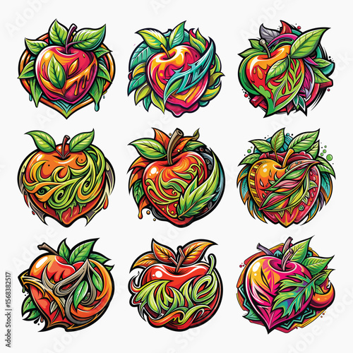 Colorful Vector Apple Tattoo Designs – Swirled Leaves, Artistic Fruit Illustrations, Nature Inspired Apple Ink Art