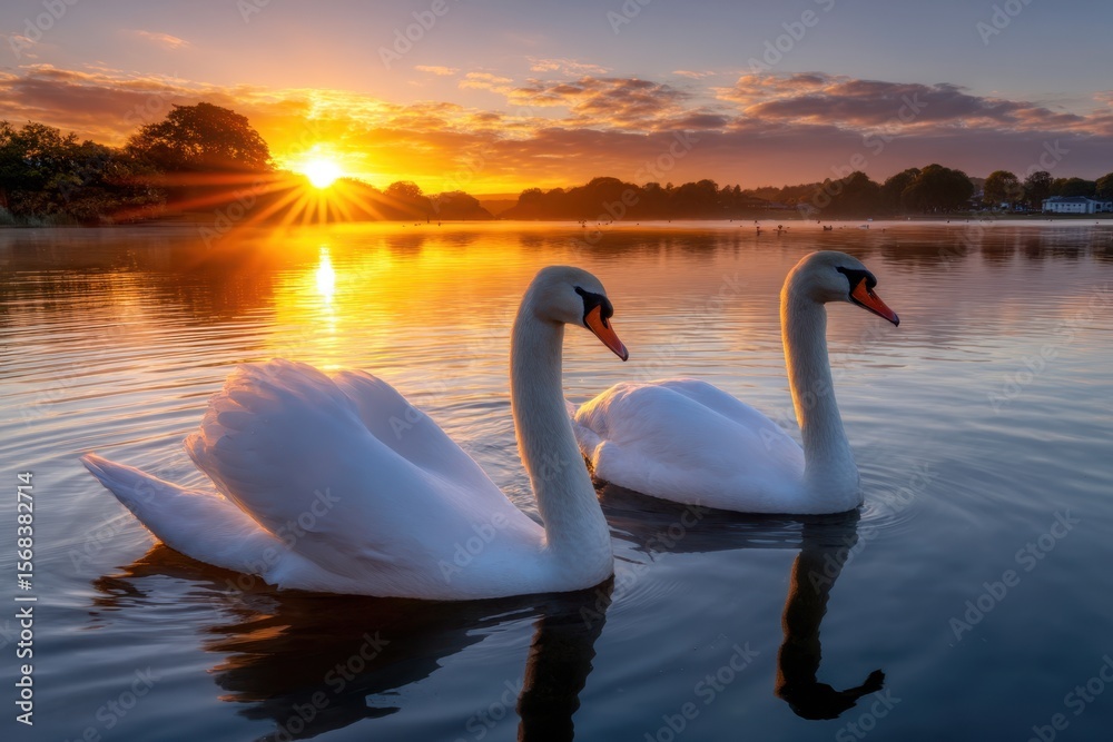 Fototapeta premium Beautiful swans glide on tranquil lake at sunset with vibrant colors sparkling on water