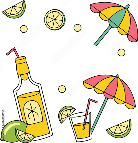 Seamless pattern of refreshing summer cocktail drinks with glasses, lemon, and ice, perfect for a beach party design