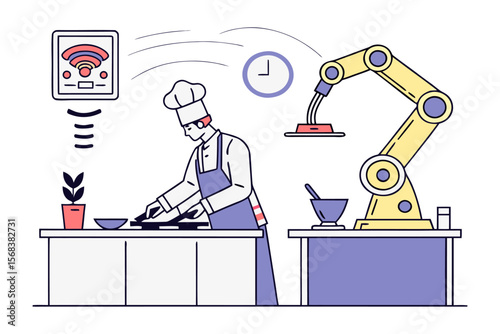 Chef with robotic arm: A chef uses a robotic arm to assist in food preparation in a smart kitchen.  The scene is depicted in a clean line art style.