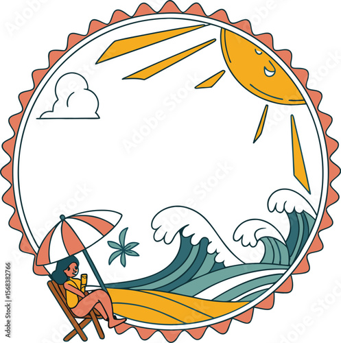 Tropical vector illustration of a summer beach island with palm trees, dolphins, and a boat on the ocean waves under the sunlit sky, perfect for travel or vacation designs
