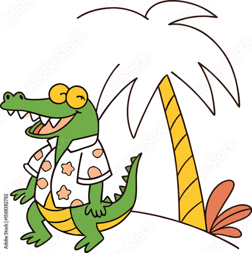 Happy cartoon alligator with a charming smile and a Santa hat stands beside a festive Christmas tree, a fun reptile illustration