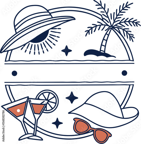 Here's a single sentence for naming an image depicting a summer beach scene with various nautical elements:

A vibrant summer beach set vector illustration featuring a sea with ships, boats, sailboats