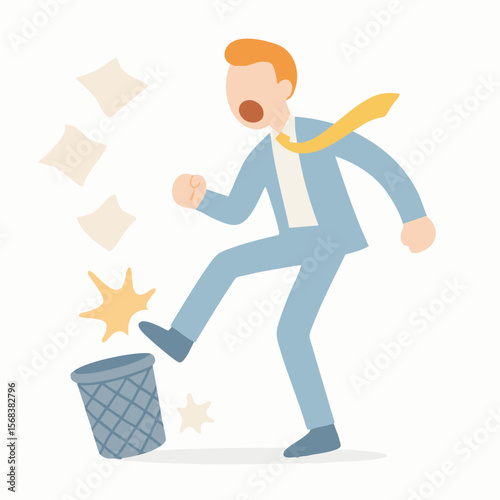 Flat Illustration of Stressed Businessman Kicking Trash Can While Screaming
