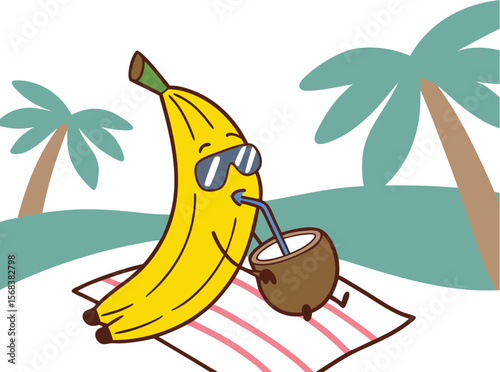 A vibrant cartoon illustration of a banana on a tropical beach with palm trees, sun, and the sparkling sea, perfect for a summer holiday