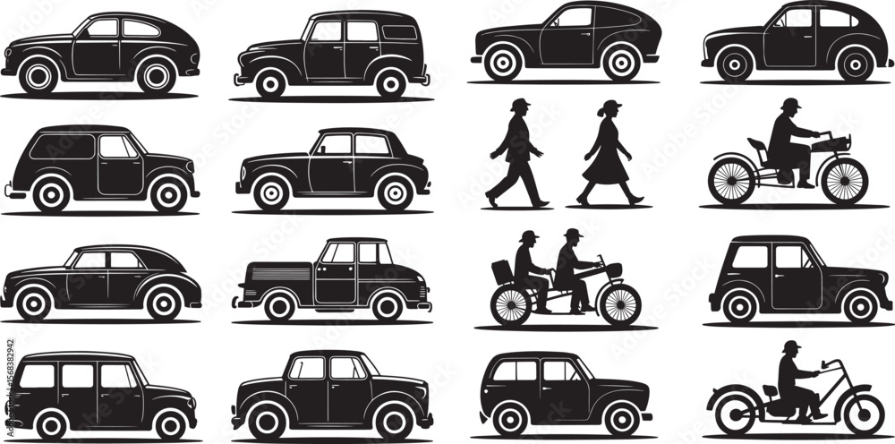 Obraz premium Vintage vehicle and people silhouettes collection vehicles cars