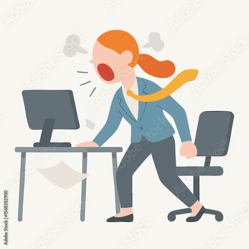 Flat Design Angry Businesswoman Screaming at Computer in Office Illustration