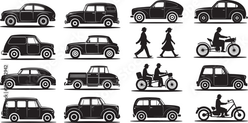 Vintage vehicle and people silhouettes collection vehicles cars