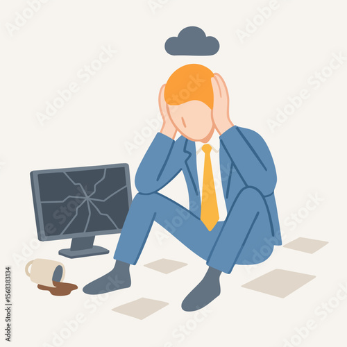 Flat Illustration Unhappy Businessman Sitting on the Floor with Broken Computer