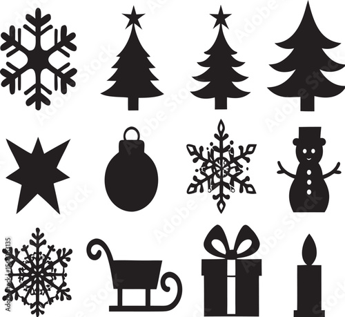 A vector set of festive Christmas icons, perfect for holiday decoration with snow, stars, and merry celebration designs