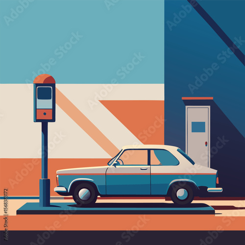 Vector art of a vintage car is parked next to a parking meter in an urban setting