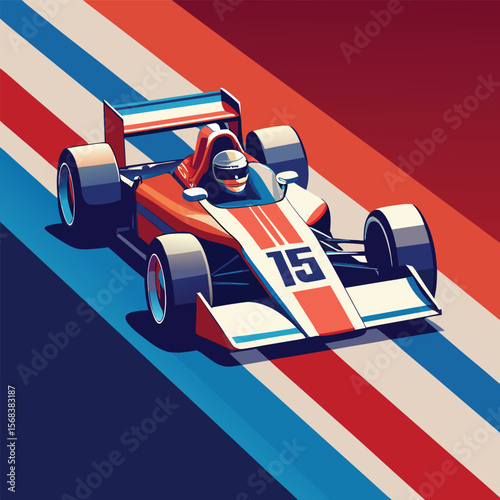 Vector art of a vintage race car speeds along a track with red, white, and blue stripes