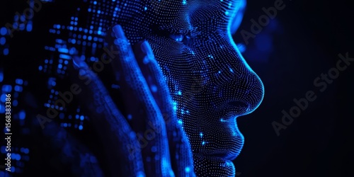 Woman's face is shown in a blue and white color scheme. The image is a representation of a digital art piece, with the woman's face being the main focus
