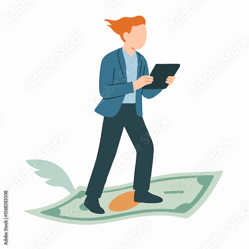 Flat Illustration Man Holding Tablet Flying on Money Bill Currency