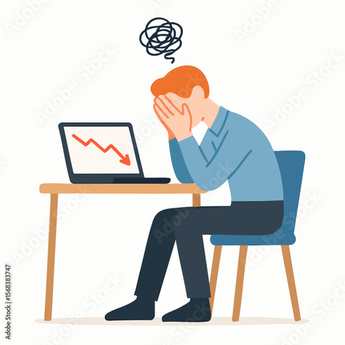 Flat Illustration of Frustrated Man with Falling Graph on Laptop