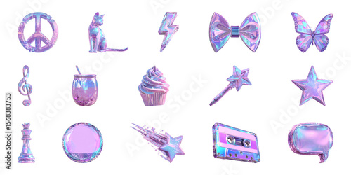 Holographic Icon Set Featuring Diverse Symbols. Trendy Aesthetic And Digital Art Collection Isolated On Transparent Background