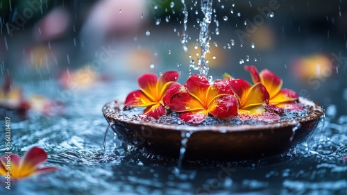 Red and yellow flowers float in a bowl as water splashes down, creating a serene and refreshing scene.