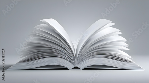 An open book with pages gently fanned on a minimalist gray background