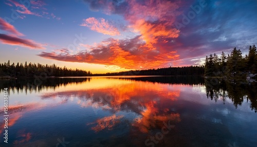 a colorful sunset reflecting on a serene lake with clouds in the sky a serene lake reflecting the colors of a vibrant sunset