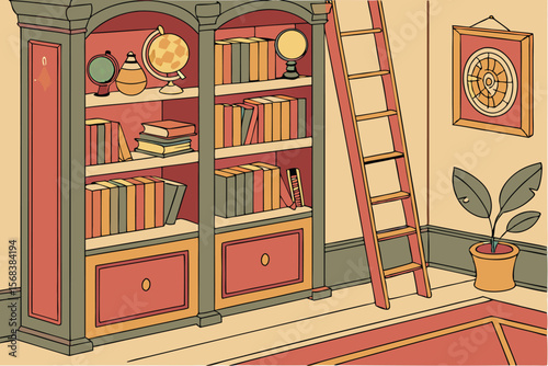 8 colorful bookshelves with books, globes, plants, and other decorative items,intricate details, warm tones, highly detailed,digital art