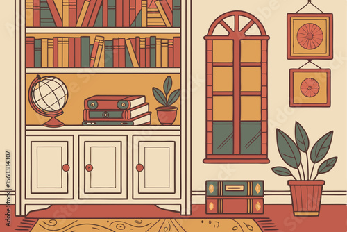 8 colorful bookshelves with books, globes, plants, and other decorative items,intricate details, warm tones, highly detailed,digital art