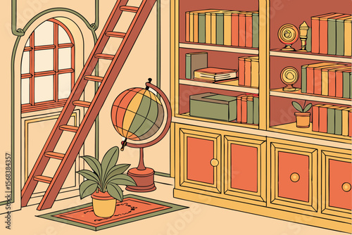 8 colorful bookshelves with books, globes, plants, and other decorative items,intricate details, warm tones, highly detailed,digital art