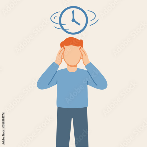 Flat Illustration of Man Experiencing Dizziness with Spinning Clock Above Head