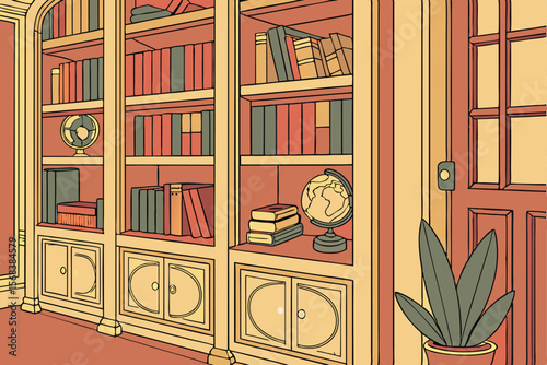 colorful bookshelves with books, globes, plants, and other decorative items,intricate details, warm tones, highly detailed,digital art