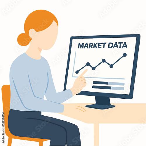 Flat Illustration Woman Analyzing Market Data on Computer Screen