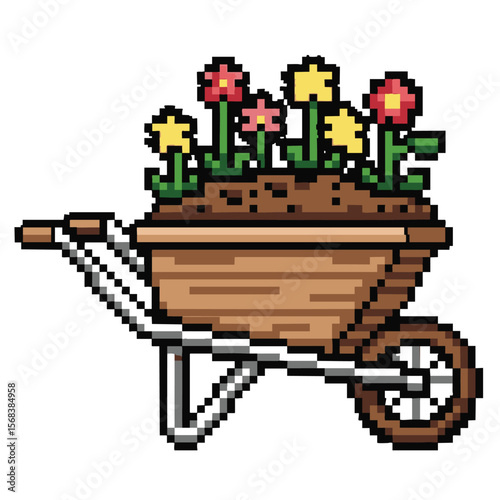 Pixel Art Wheelbarrow with Flowers: Gardening Illustration, 8-bit Garden Design