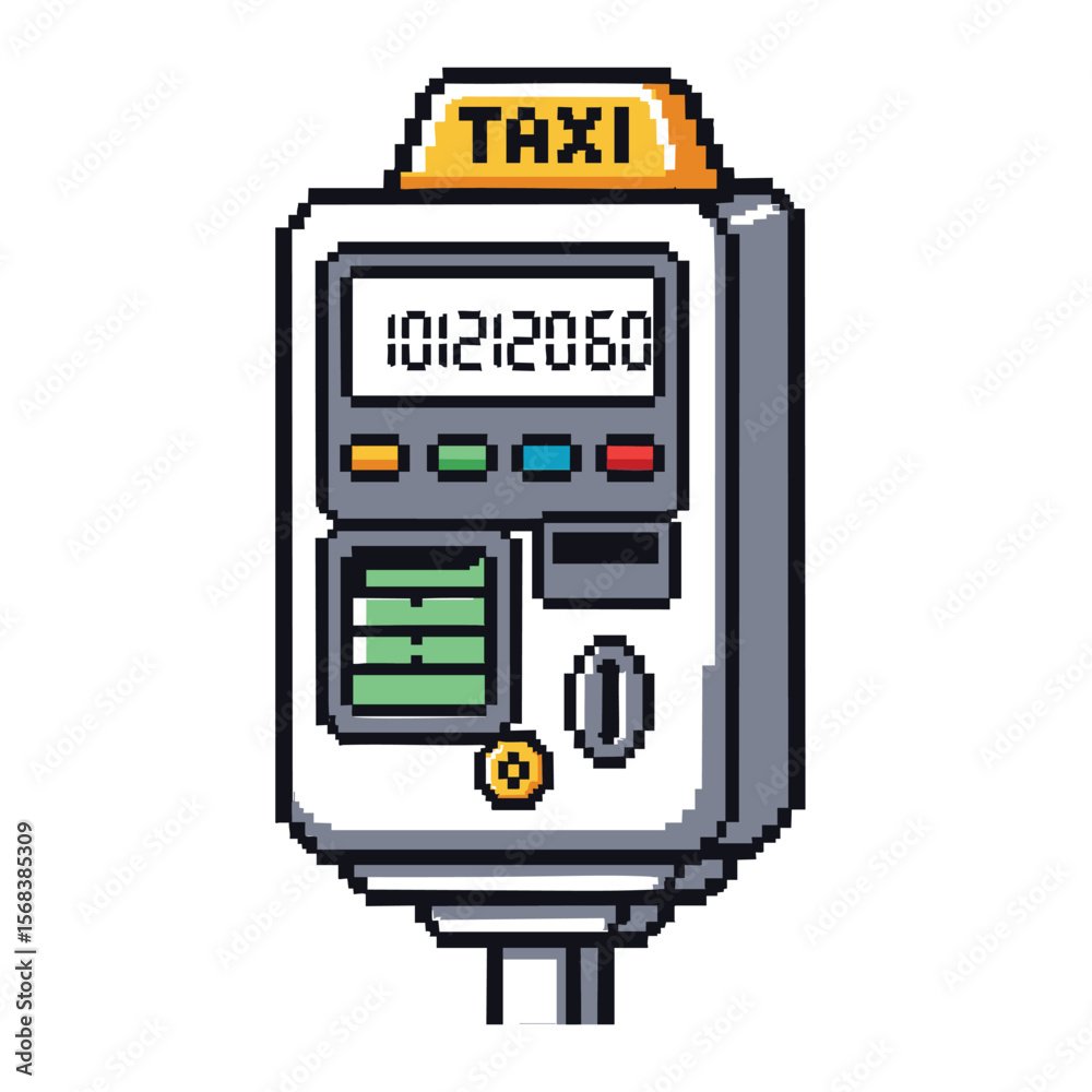 Fototapeta premium Pixel Art Taxi Meter: Retro 8-bit Transportation Icon for Games & Designs