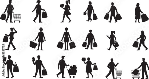 Diverse people silhouettes engaged in shopping activities bags carts