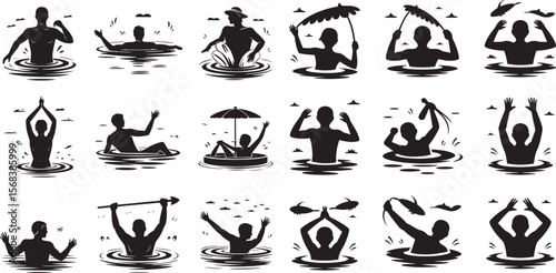 Diverse people swimming water activities silhouettes vector
