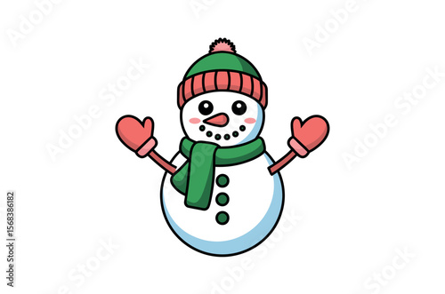 Cute cartoon snowman with winter accessories.