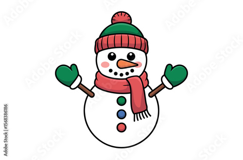 Cute cartoon snowman with winter accessories.