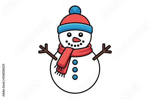 Cute cartoon snowman with winter accessories.