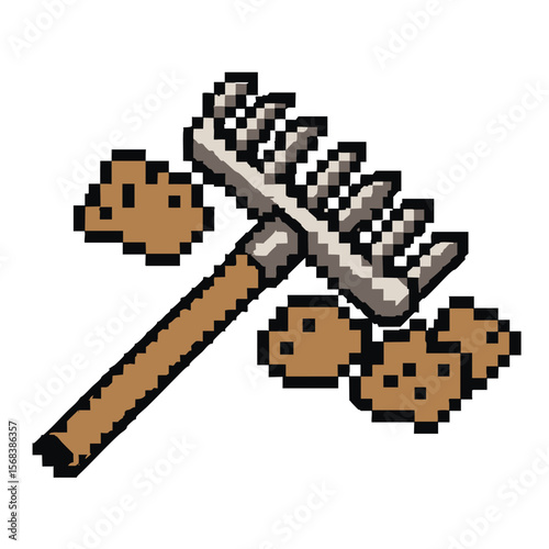 Pixel Art Garden Rake & Potatoes: Farm Tools, Agriculture Illustration, Gardening Icon